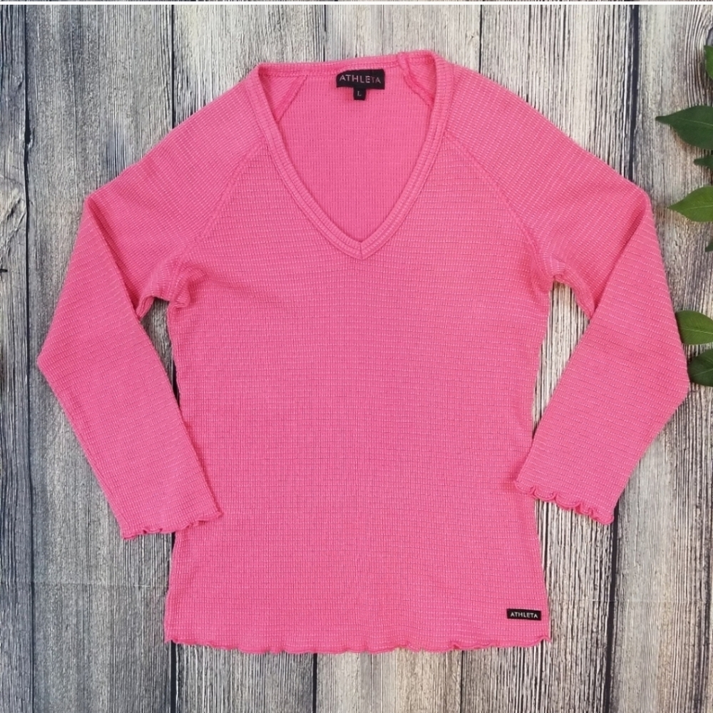 Athleta Pink Scallop Hem 3/4 Sleeve Top - Picture 2 of 6